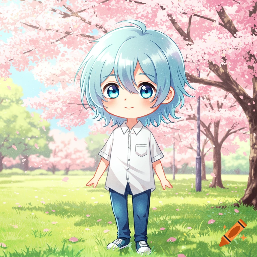 Chibi anime boy in a park with cherry blossoms.