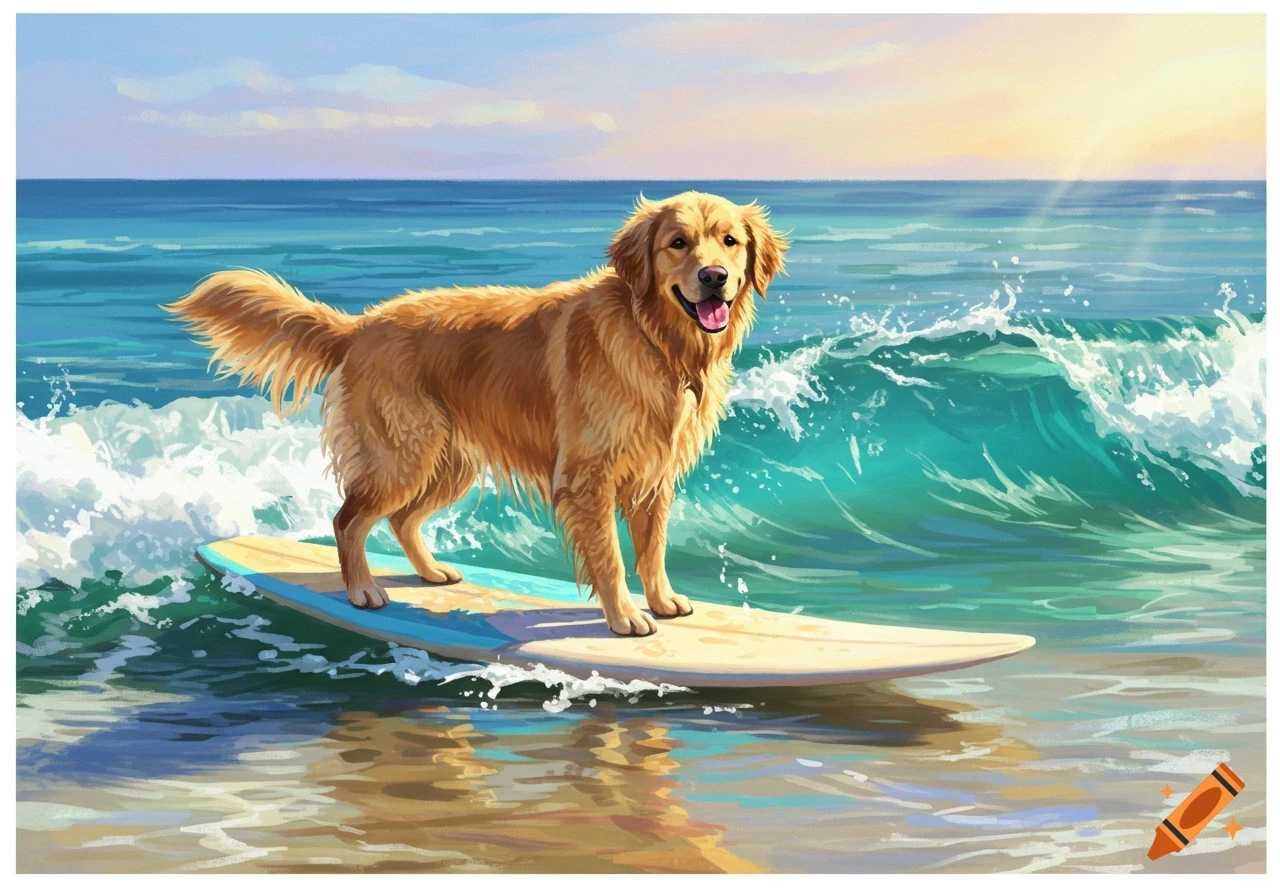 A golden retriever dog stands on a surfboard on a wave in the ocean.