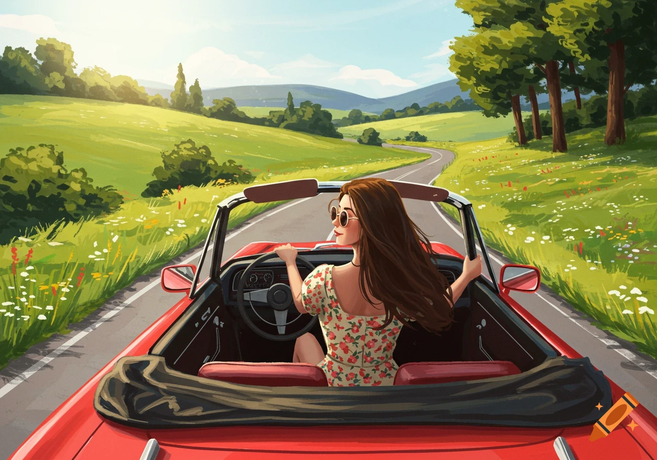 Illustration of a woman driving a red convertible on a winding road through a green, hilly landscape under a sunny sky.