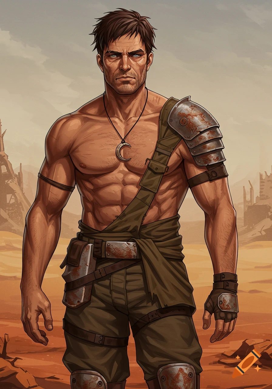 Muscular post-apocalyptic man in gear standing in desert ruins, anime style illustration