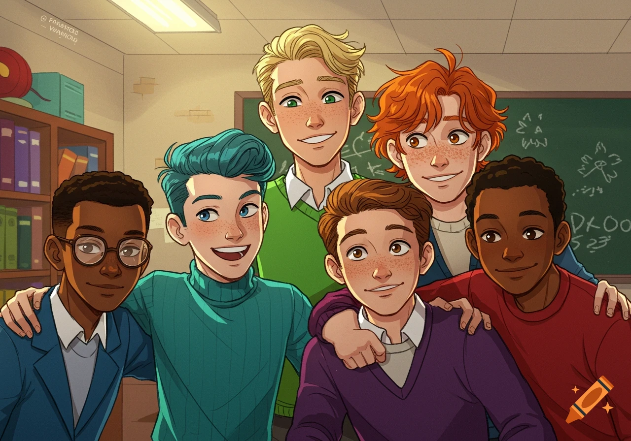 A cartoon illustration of six smiling teenage boys posing together in a classroom.