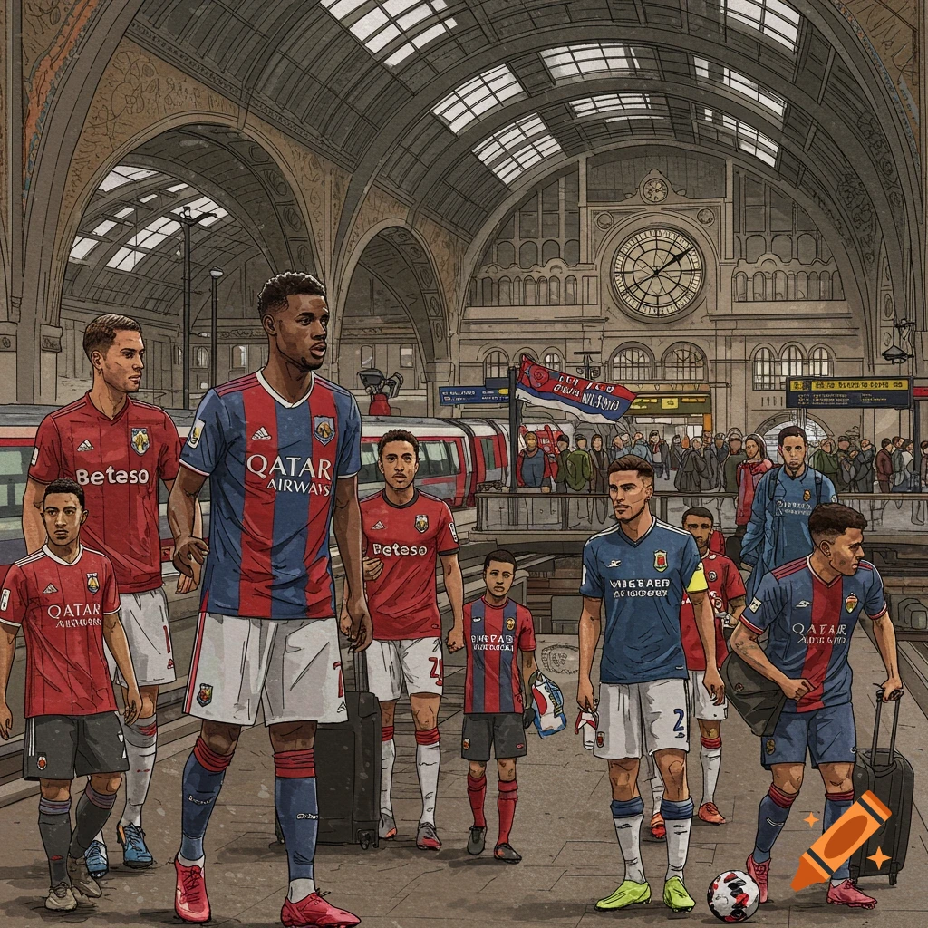 Football players walking through a train station, illustration.