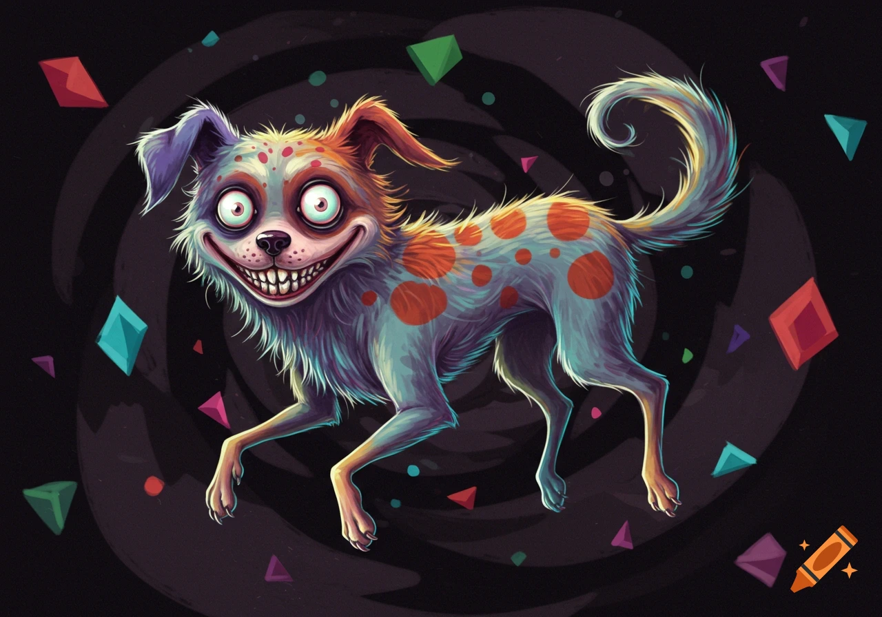 Illustration of a creepy, colorful dog with big eyes and a wide grin floating in a dark space with shapes.