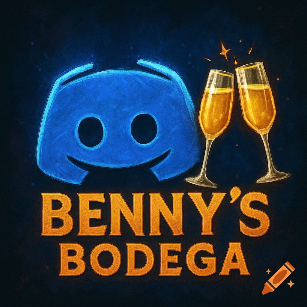 Blue Discord logo, two champagne glasses toasting, and the text 'BENNY'S BODEGA' below on a dark, stylized background.
