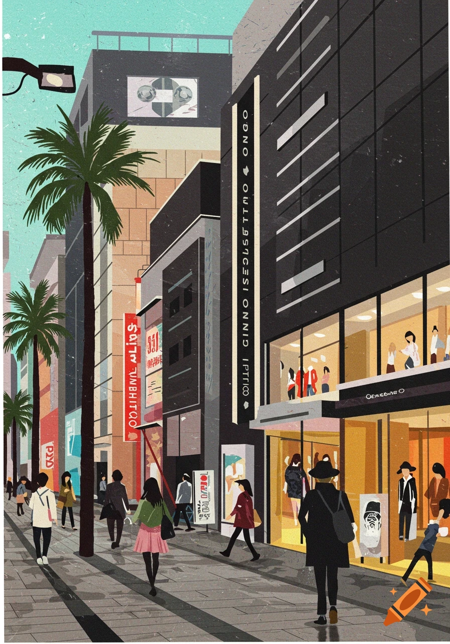 A stylized illustration of a busy city street scene with people walking past buildings and palm trees.