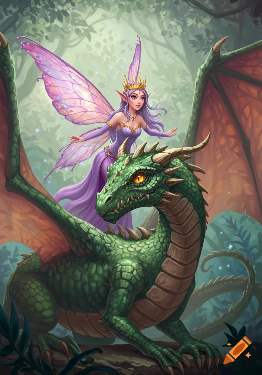 A fantasy illustration of a fairy riding a green dragon in a forest. on ...