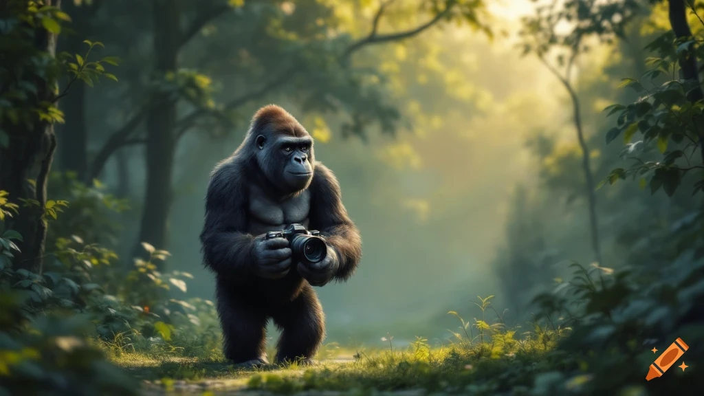 A realistic gorilla stands in a forest holding a camera.