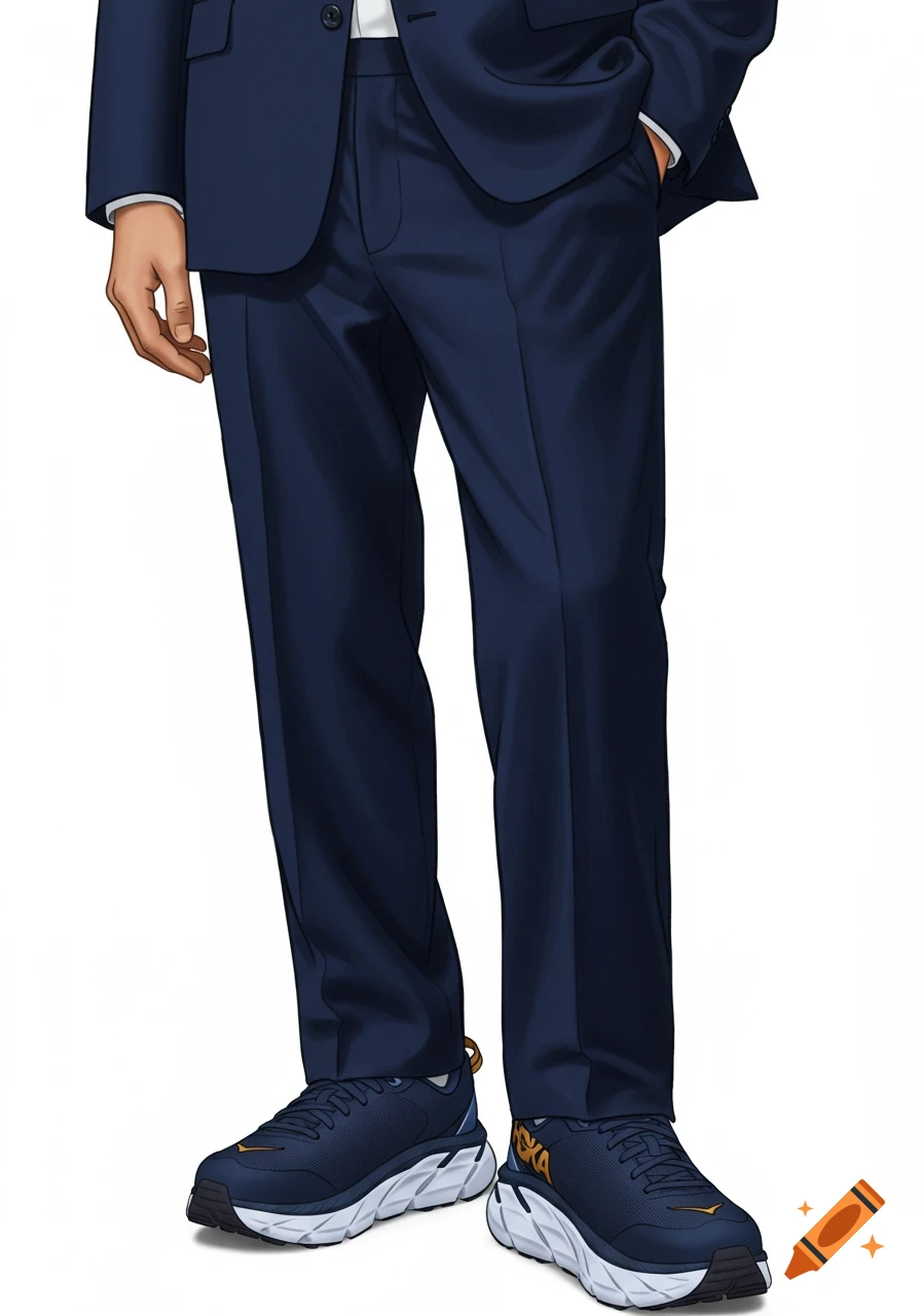 Person wearing a navy blue suit and navy blue Hoka sneakers.