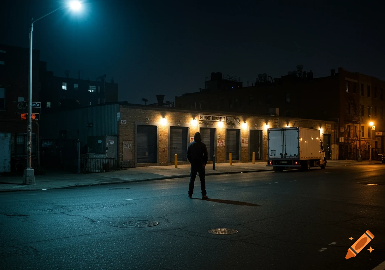 Person stands in the middle of a dark street at night with a truck and building in the background.
