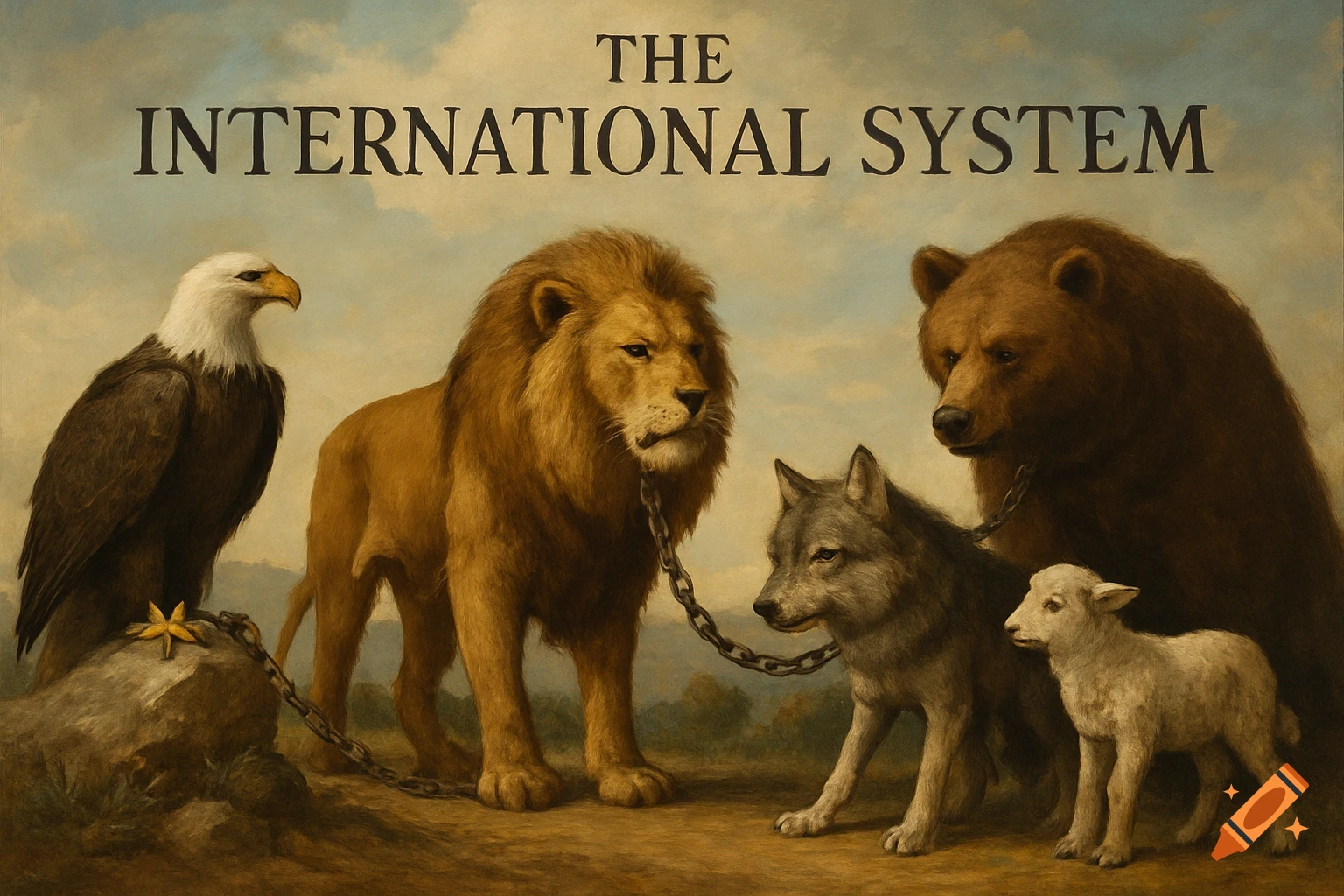 An allegory painting showing an eagle, lion, bear, wolf, and lamb with the text THE INTERNATIONAL SYSTEM.