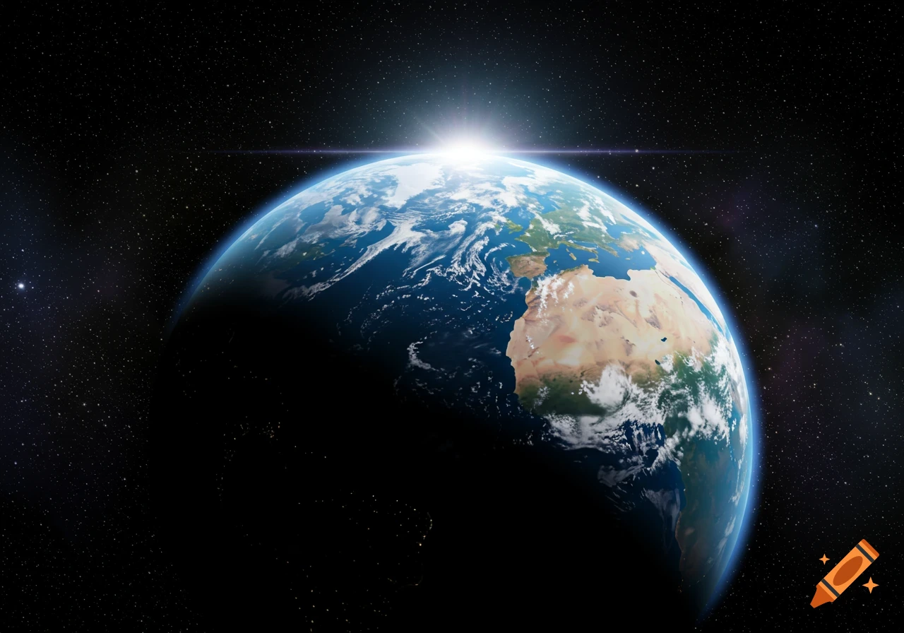 Planet Earth seen from space with the sun rising over the horizon