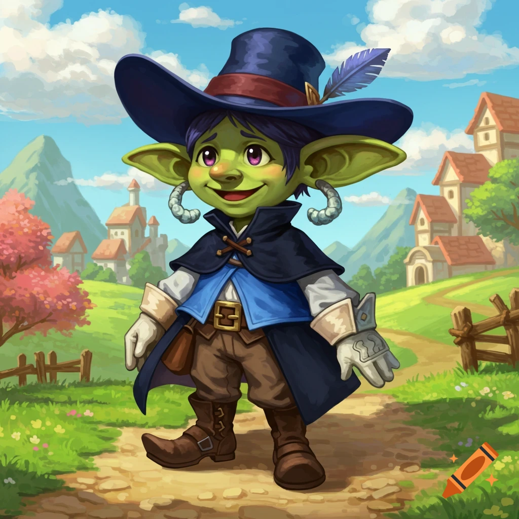 A cartoon goblin character in a blue hat and cloak stands on a path in a village.