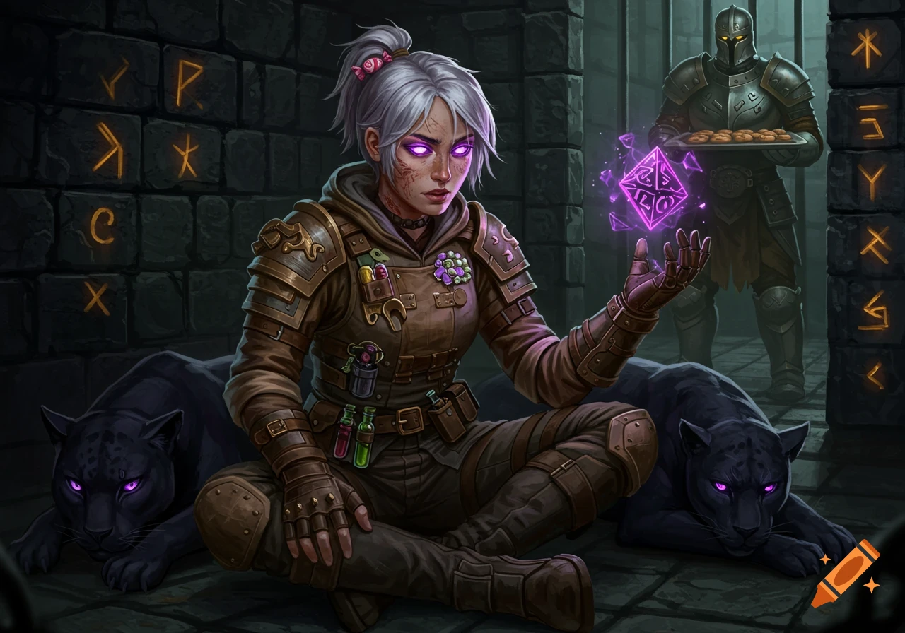 Fantasy woman with purple eyes sits with black panthers holding glowing die in dungeon as knight offers cookies.