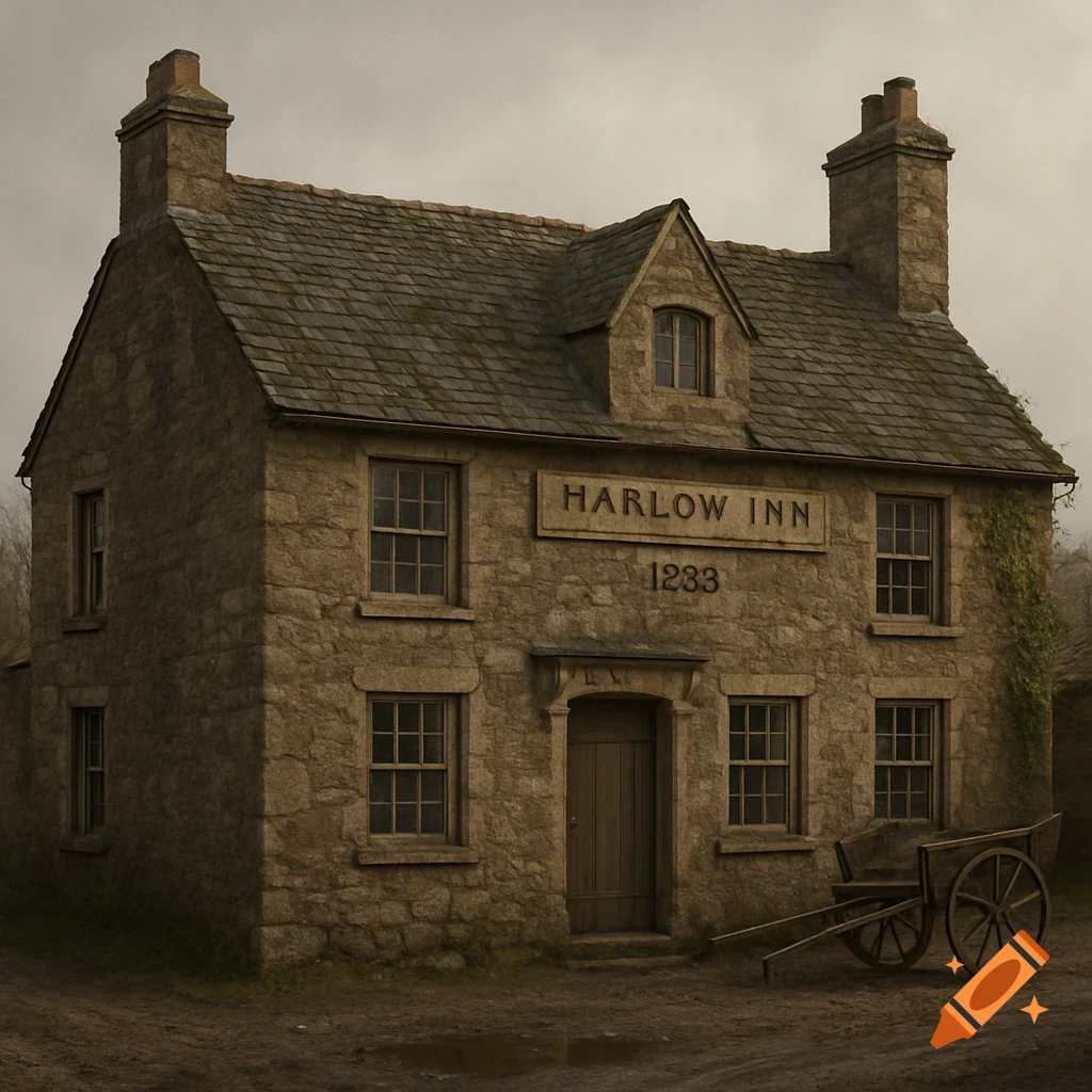 Stone inn with a sign reading Harlow Inn and a wooden cart outside.
