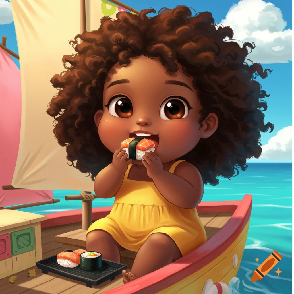 A cute child with curly hair eats sushi on a boat.