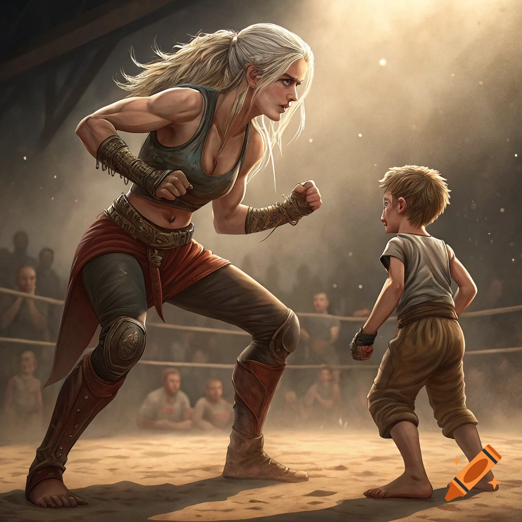 A muscular woman faces off against a small boy in a wrestling ring, fantasy style.