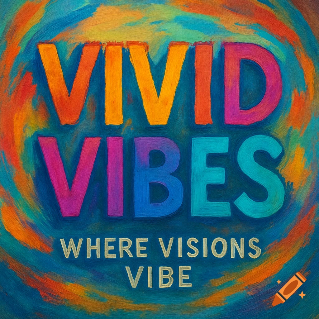 The text "Vivid Vibes" above "Where Visions Vibe" in colorful, bold letters on a swirling, vibrant painted background.