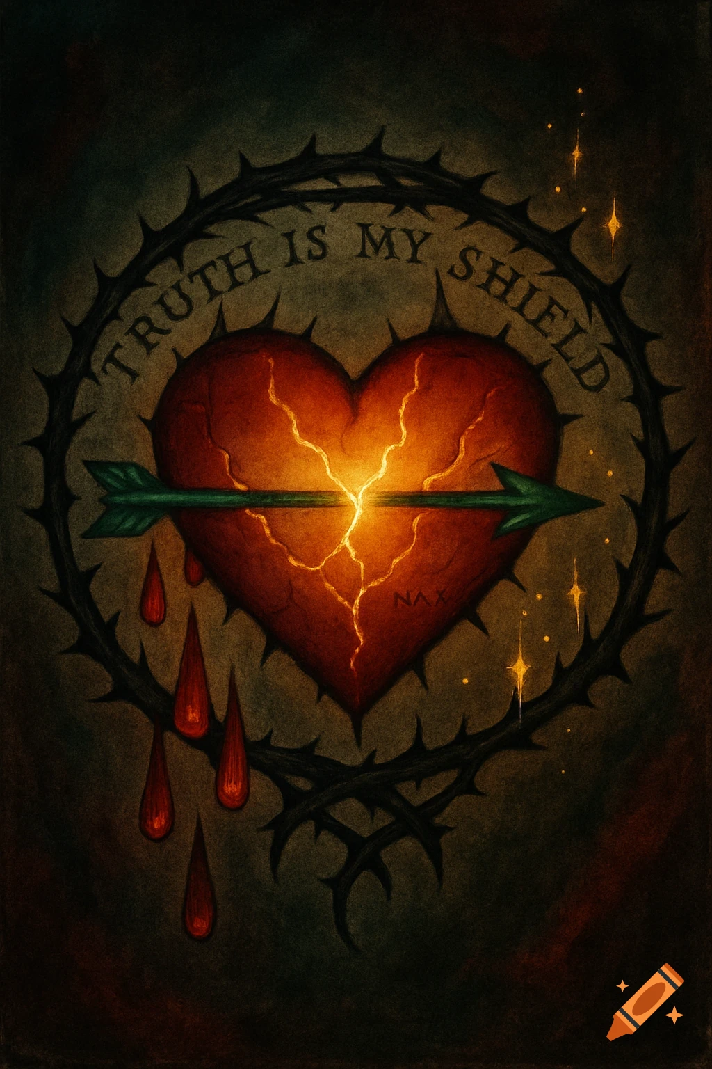 Symbolic art of a cracked heart pierced by an arrow, encircled by thorns with the text 'TRUTH IS MY SHIELD'.