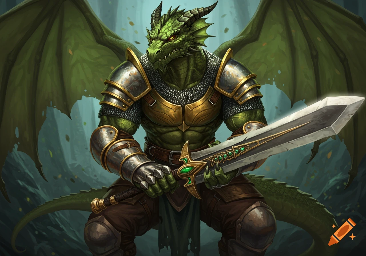 A green dragonborn in armor holds a large sword in a fantasy forest. on ...