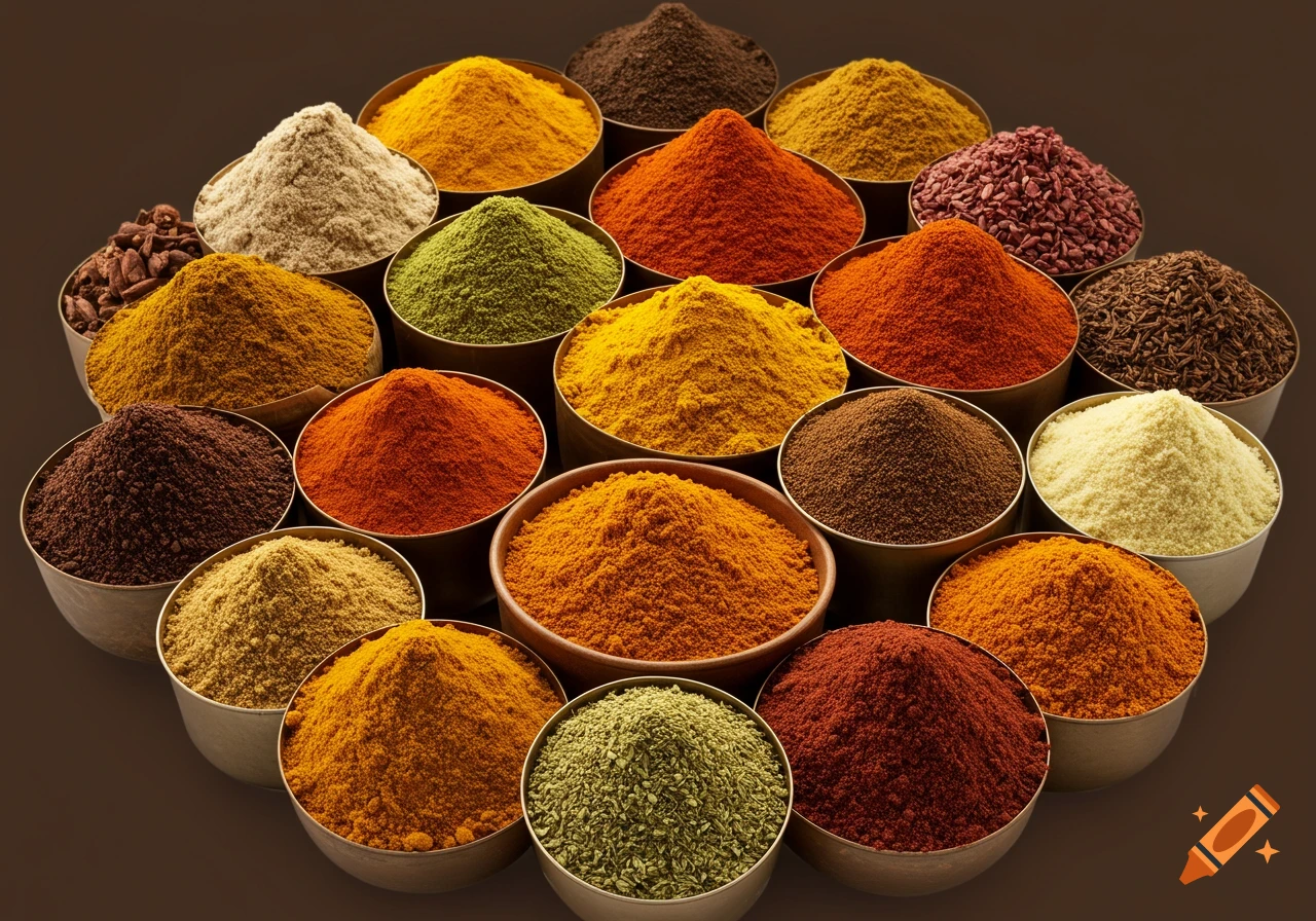 A collection of bowls filled with various colorful Indian spices like turmeric, chili powder, and cumin, arranged on a brown background.
