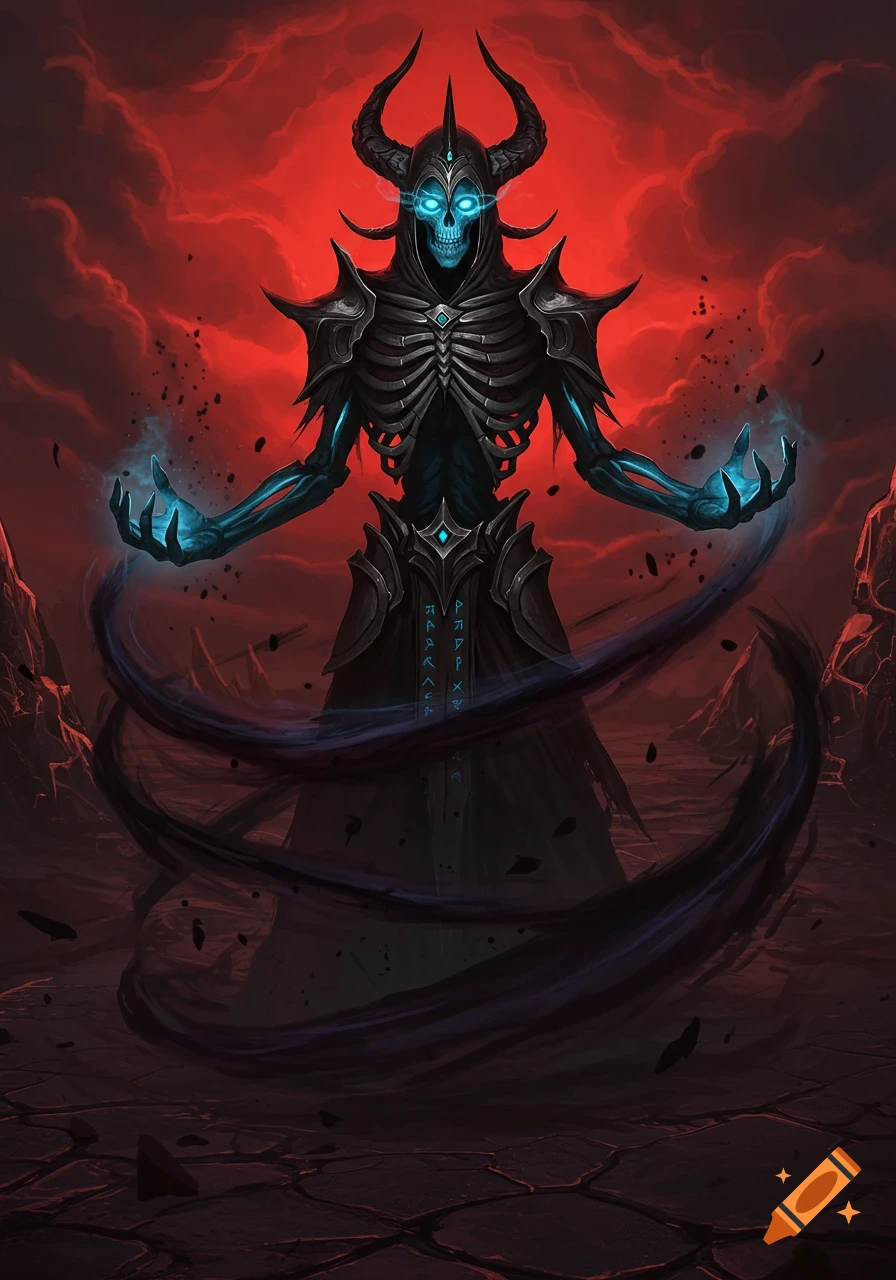 A skeletal figure in dark armor with glowing blue eyes and hands stands in a desolate landscape.