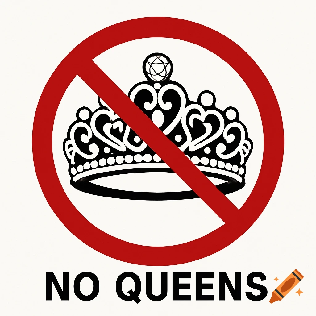 A red prohibition sign over a black tiara, with the text "NO QUEENS" below.