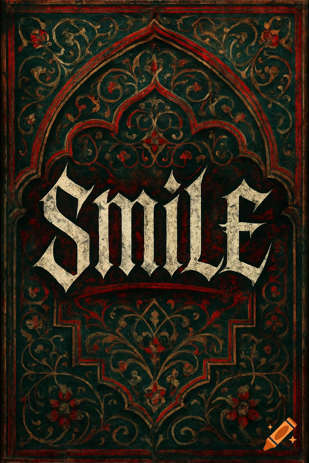Ornate text 'SMILE' in a dark, decorative frame styled after Islamic art.