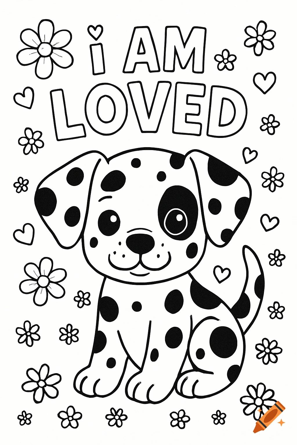 Cute dalmatian puppy coloring page with flowers, hearts, and the text '! I AM LOVED'.