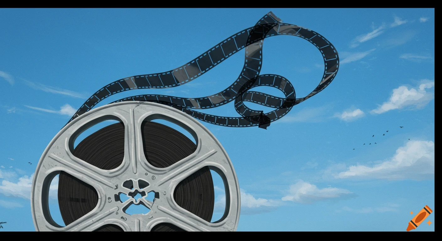 A large film reel with celluloid film strip unspooling into the sky against a blue sky with clouds and birds.