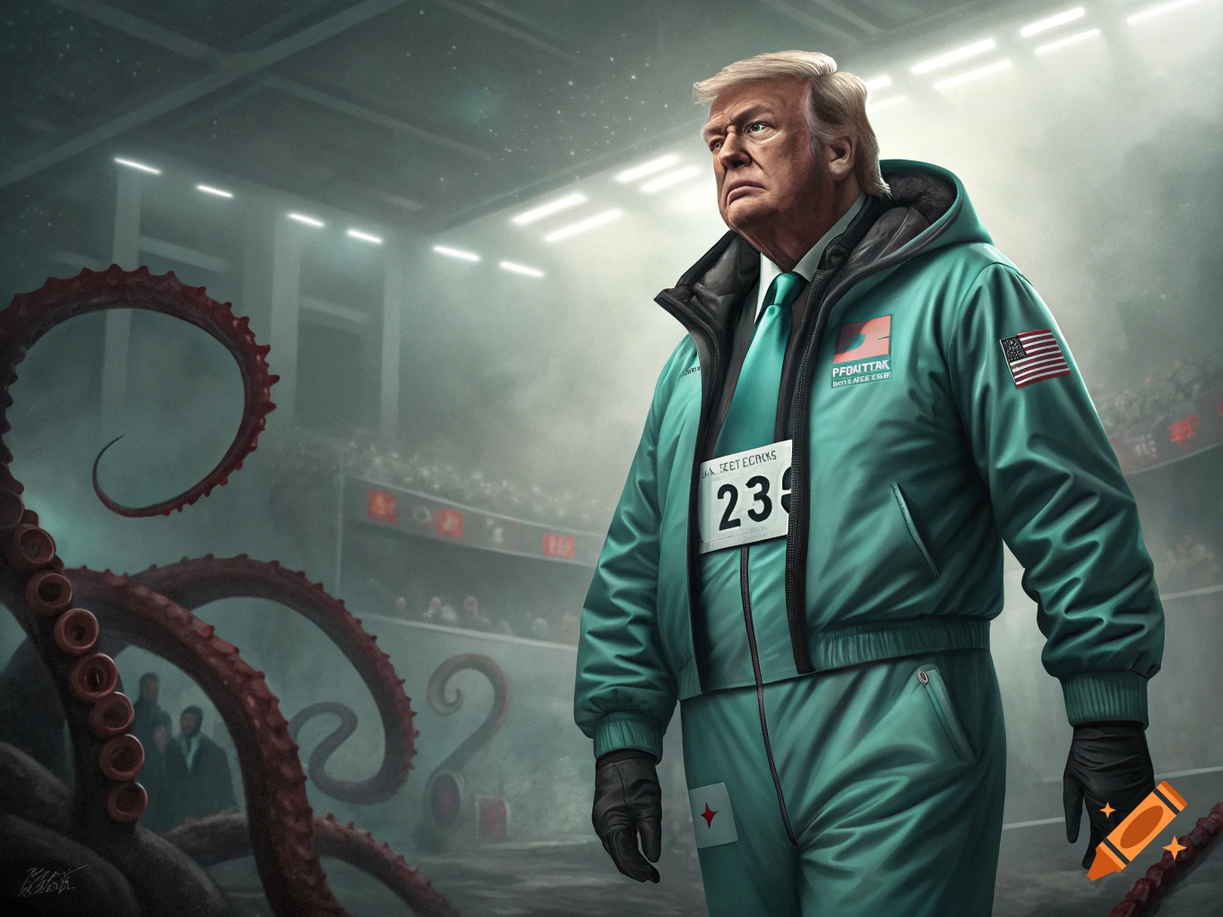 Illustration of Donald Trump in a teal tracksuit with a number tag, standing in a stadium with giant tentacles.