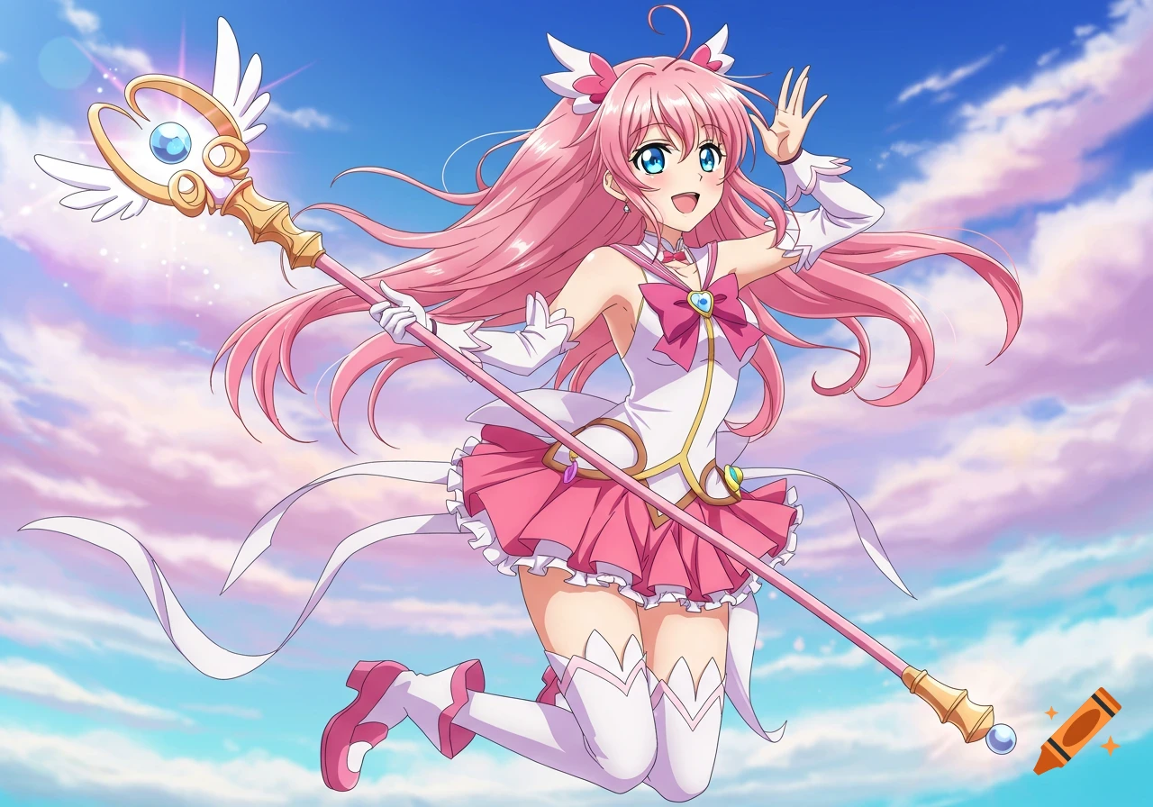 Pink-haired anime magical girl holding a staff, jumping in a cloudy sky.