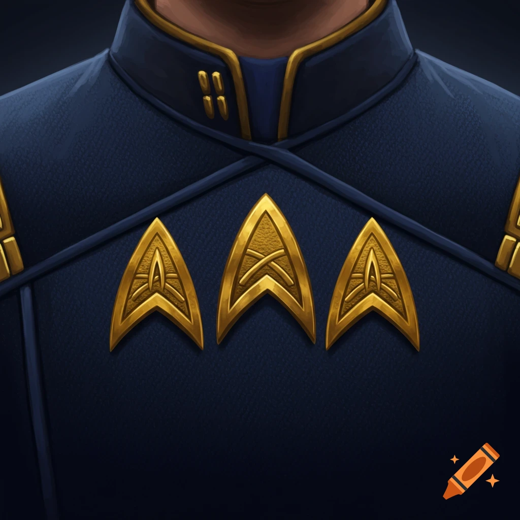 Close-up of a person in a dark blue uniform with gold trim and gold Starfleet insignias on the chest and collar.