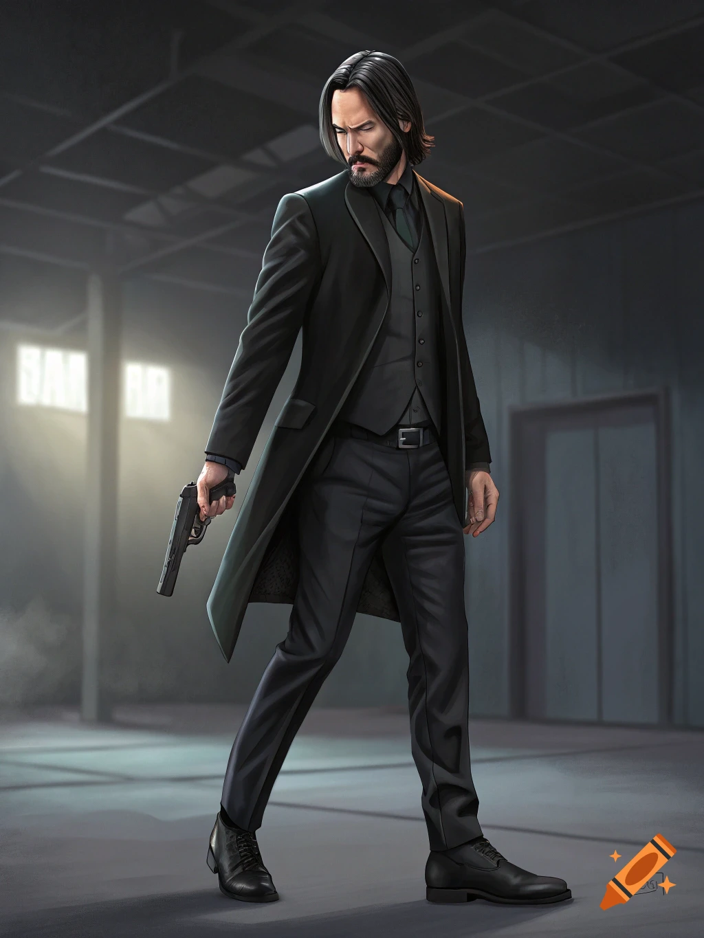 Digital illustration of John Wick in a suit and coat holding a pistol in a dimly lit industrial setting.