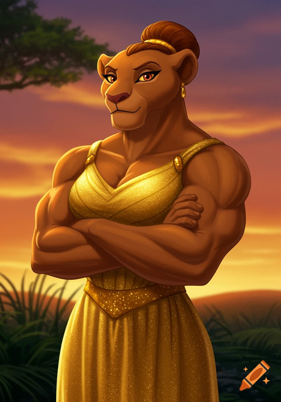 A muscular anthropomorphic lioness in a gold dress stands with arms crossed in an animation style.