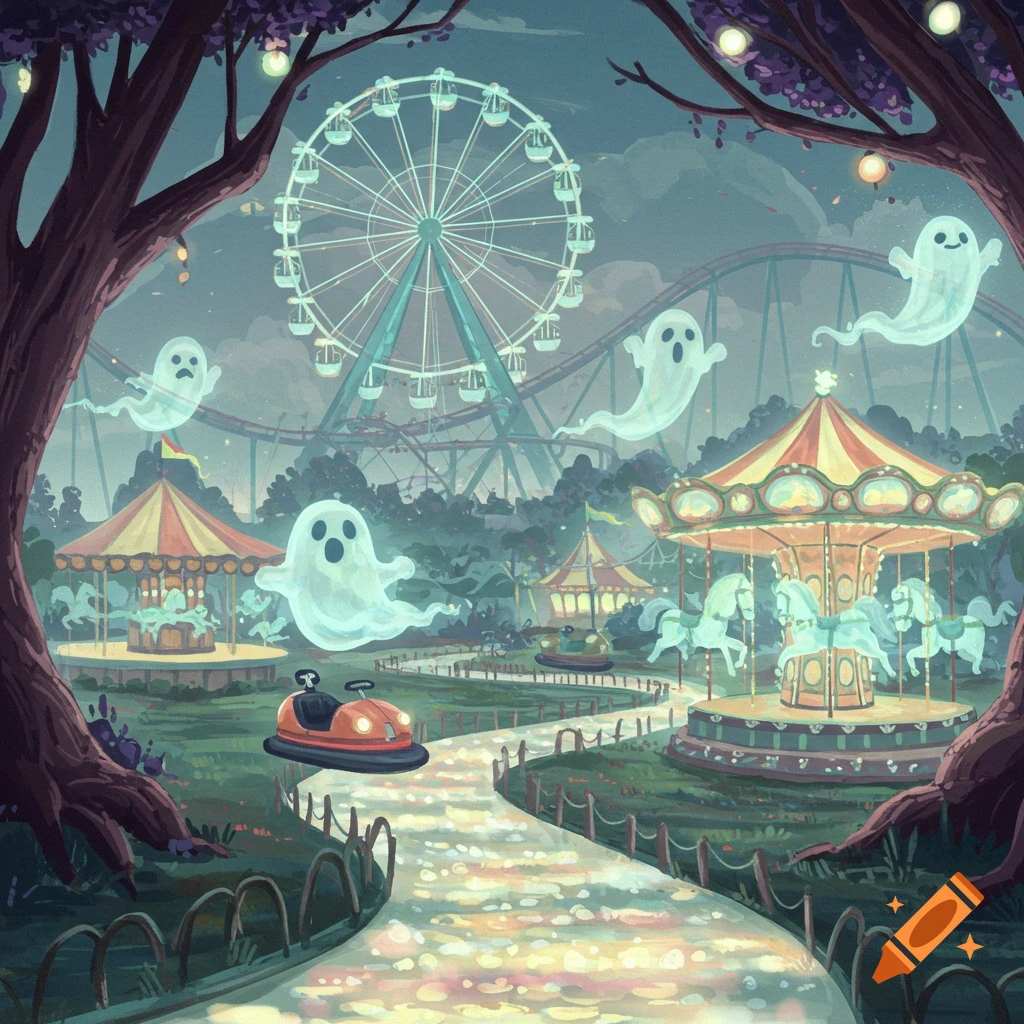 Spooky amusement park with Ferris wheel, carousel, bumper cars, and floating ghosts.