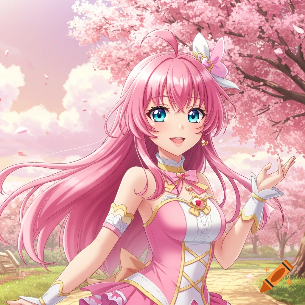 Anime girl with pink hair in a pink dress standing under cherry blossoms in a park.