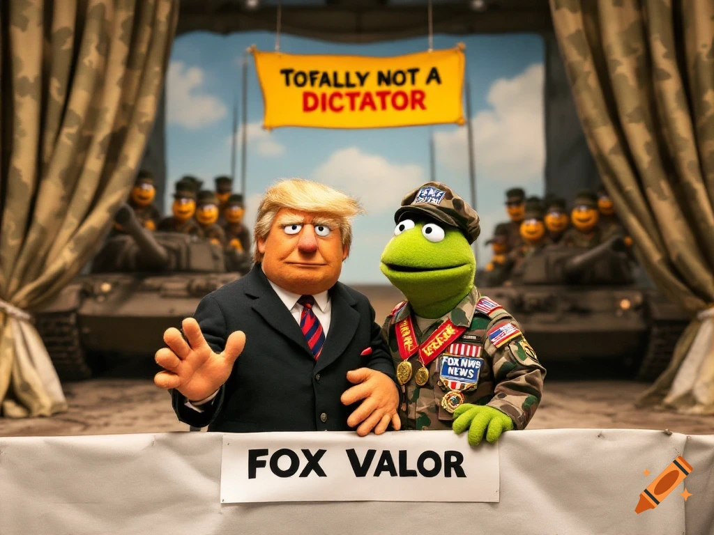Muppet-like Donald Trump and Kermit on a stage with tanks and troops, beneath a "Totally Not a Dictator" sign.