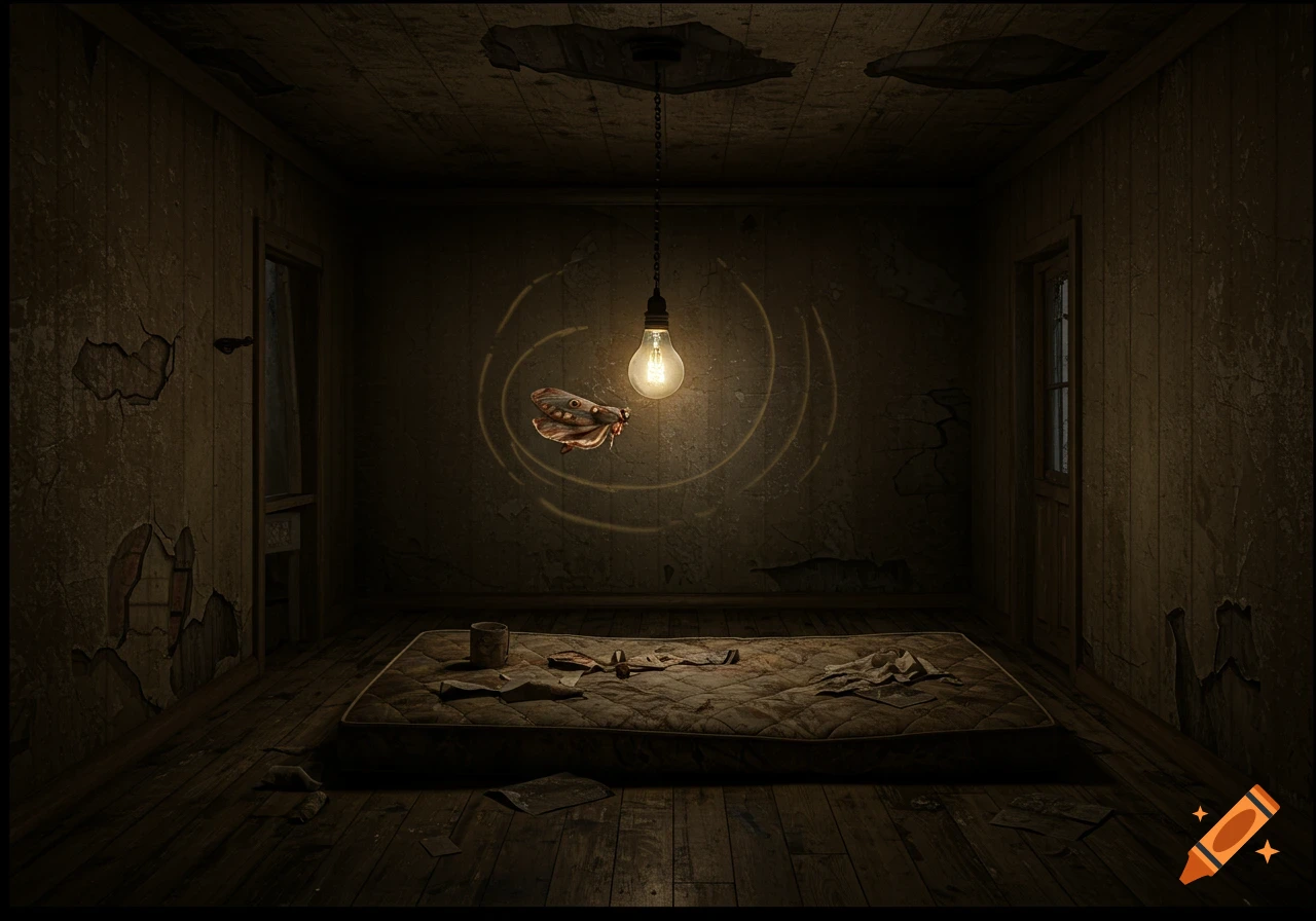 A moth circles a dim lightbulb in a dark, dilapidated room with a dirty mattress on the floor.