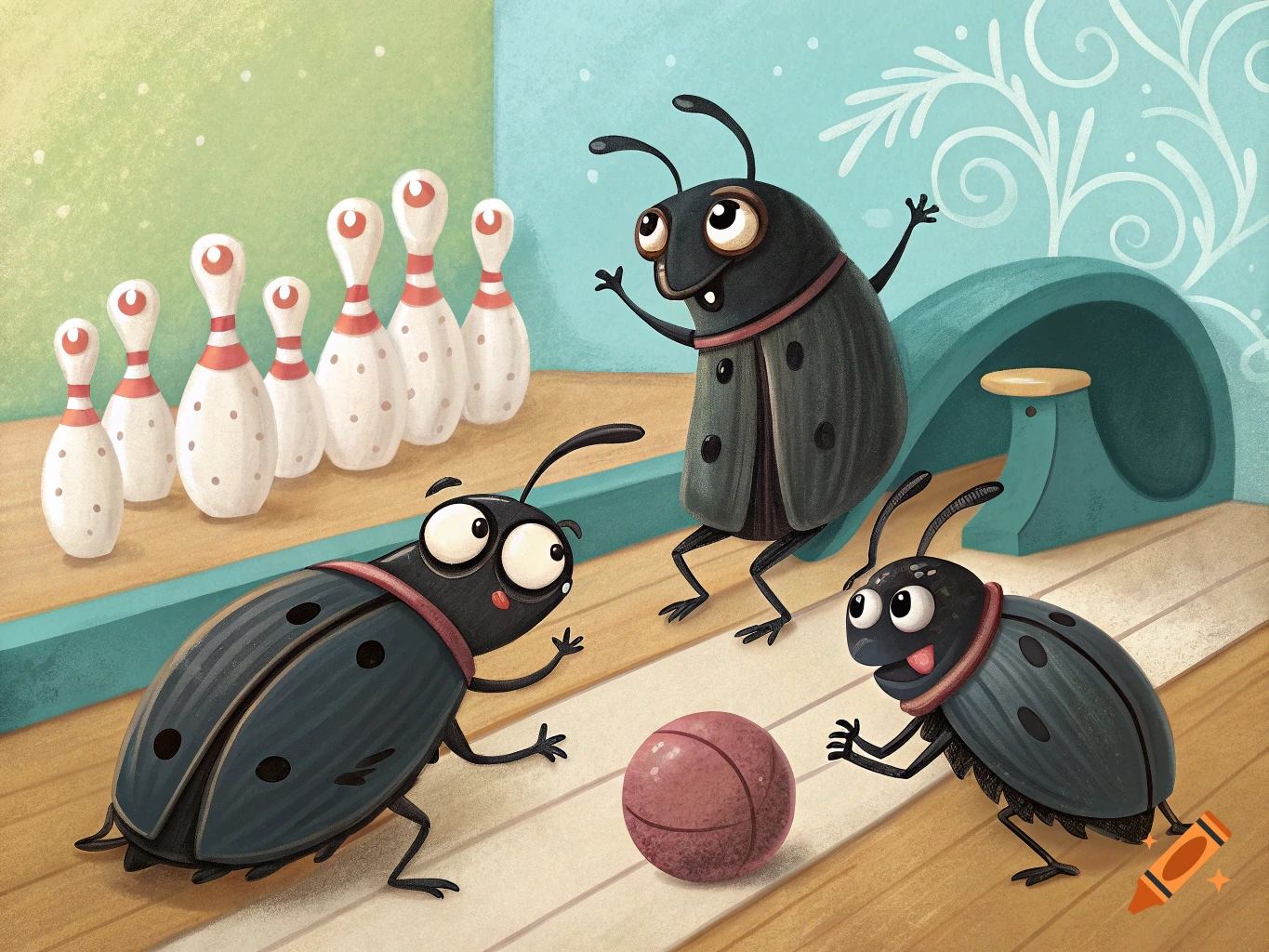 Cartoon beetles play bowling.