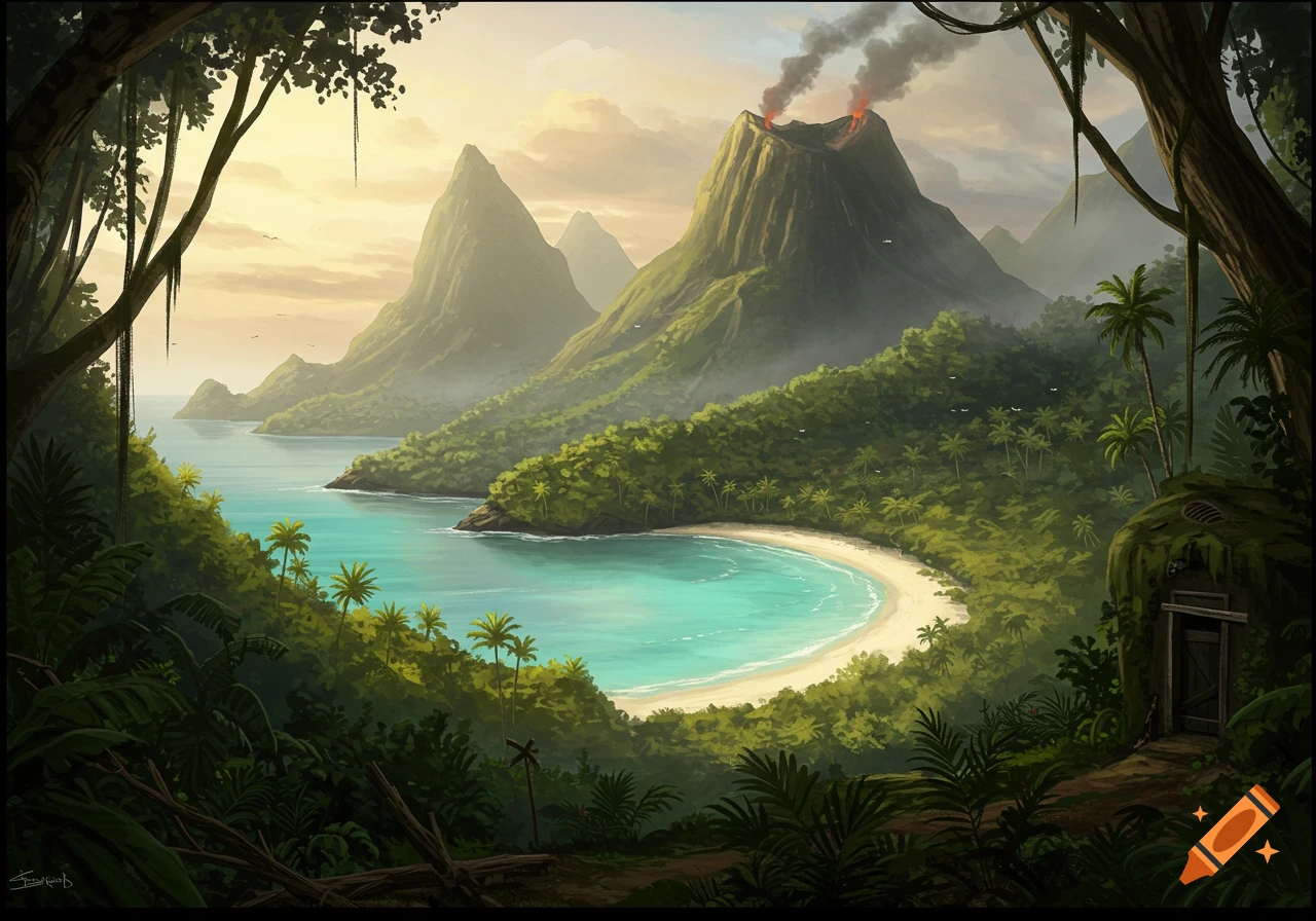 Digital painting of a tropical island with a sandy beach, palm trees, a smoking volcano, and lush jungle.