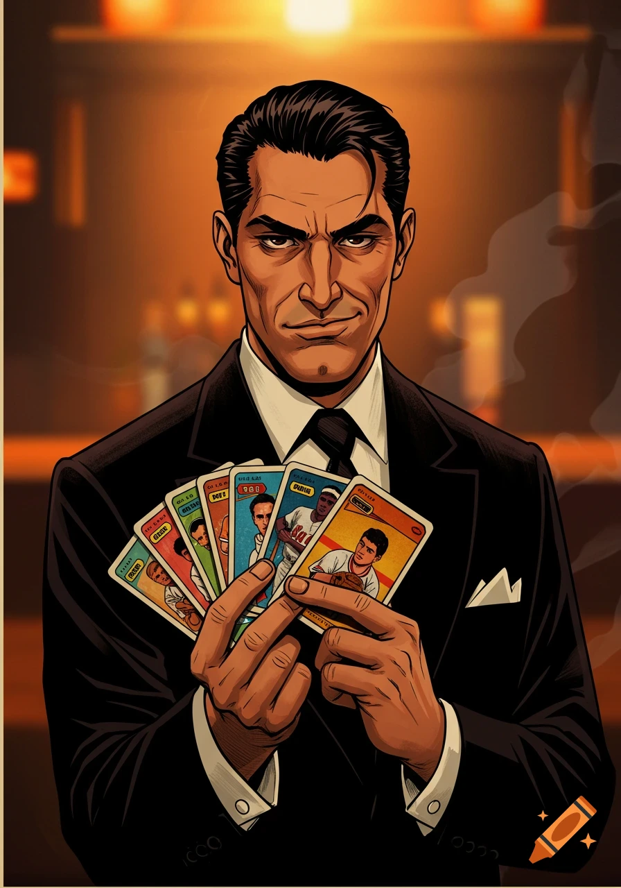 Stylized illustration of a man in a suit holding a fan of sports trading cards.