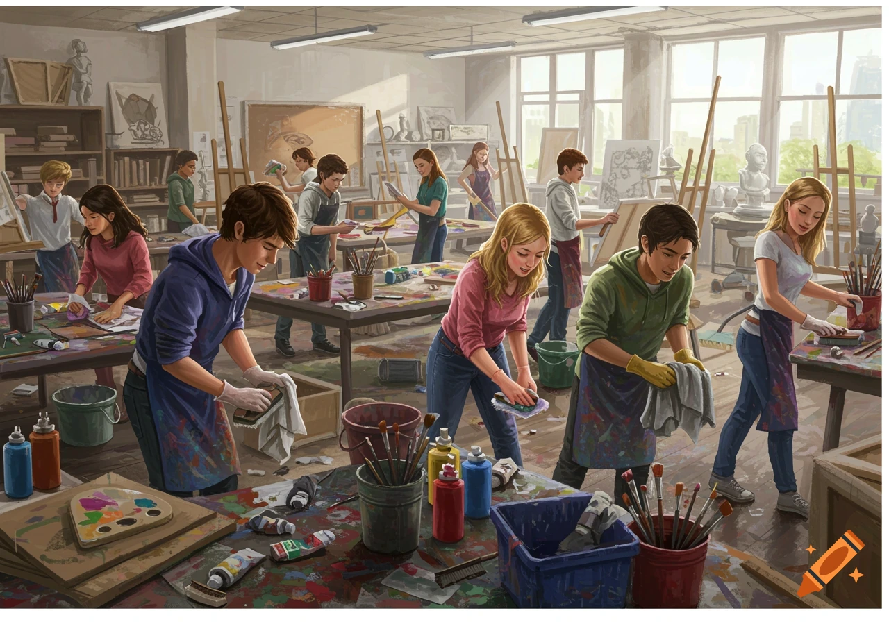 High school students cleaning a messy art studio, illustrative painting style