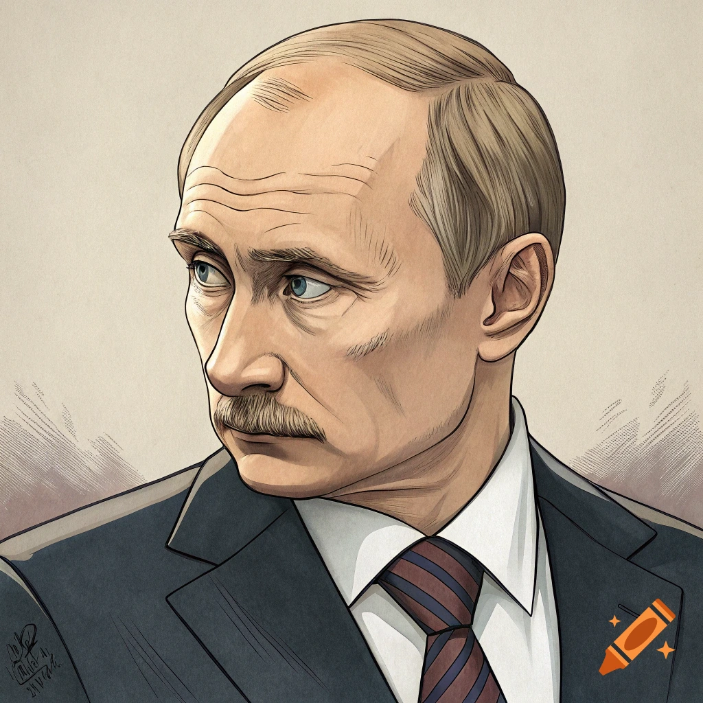 Anime style portrait illustration of a man resembling Vladimir Putin in a suit and tie