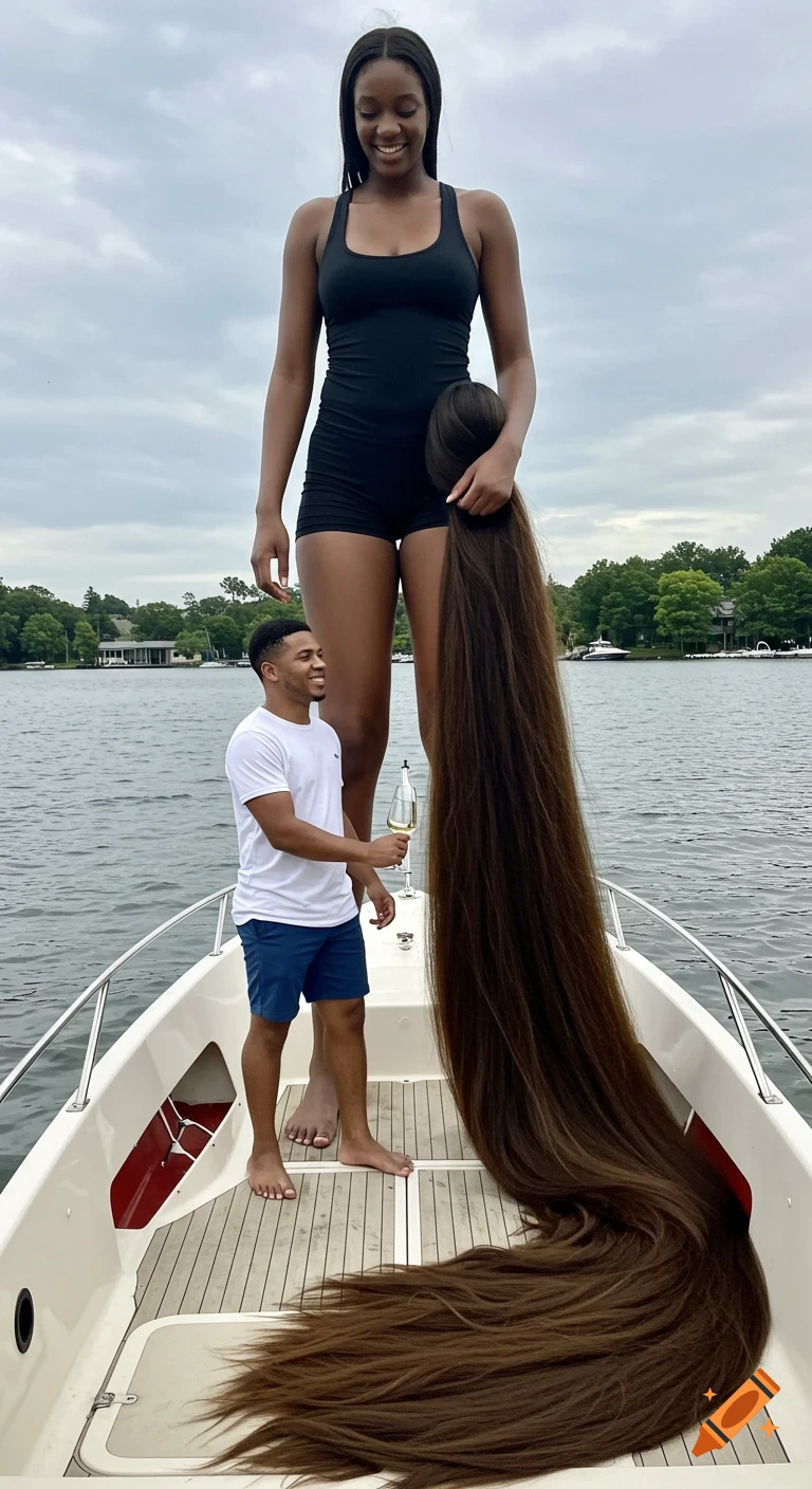 A giant woman stands on a boat with a man, her extremely long hair flowing down to the deck. Photorealistic.