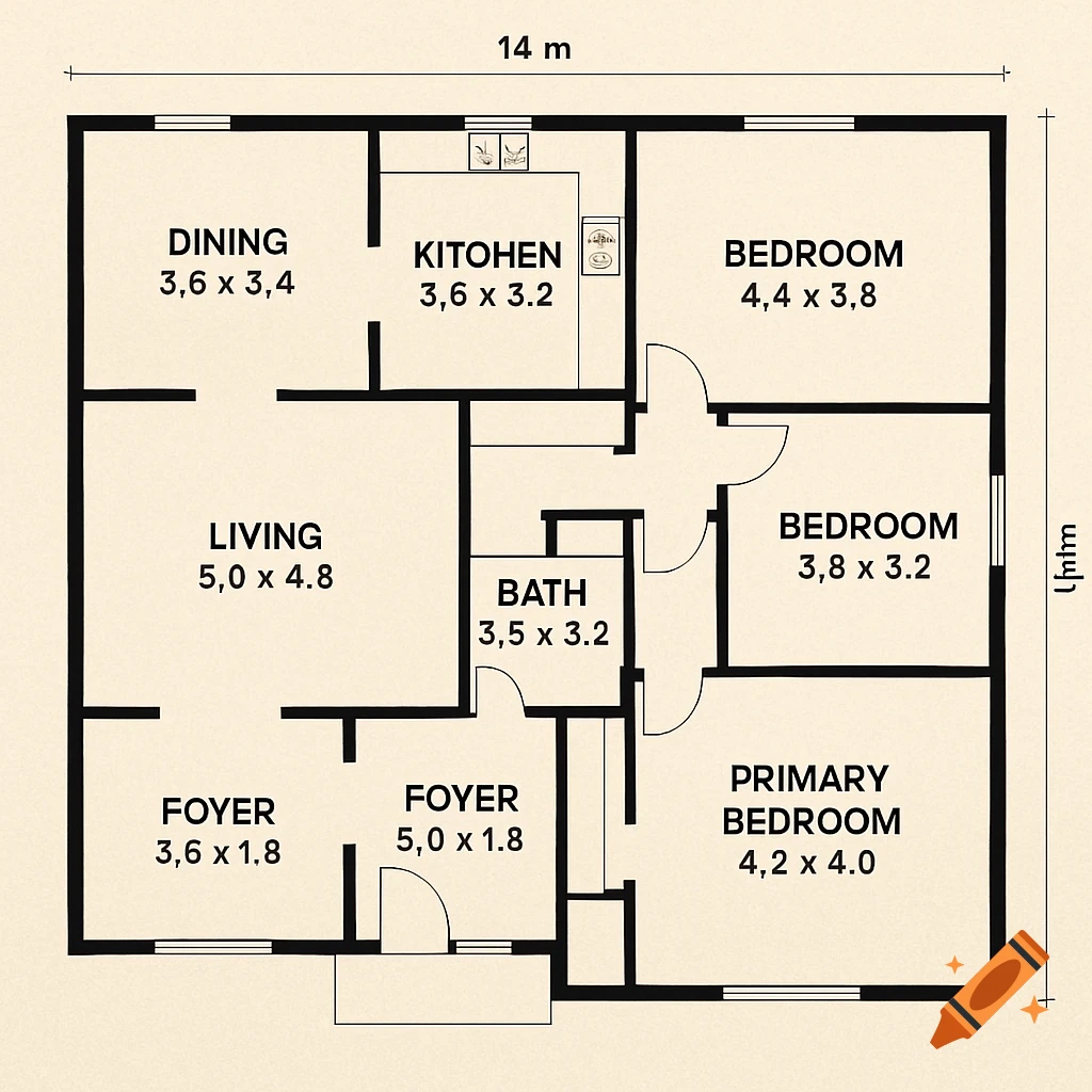 Floor plan of a house showing room layouts and dimensions