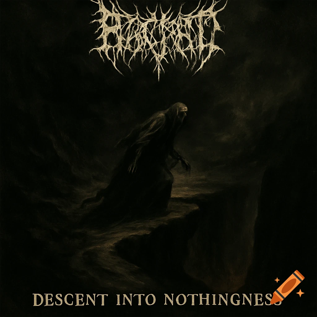 Dark, atmospheric black metal album cover art featuring a cloaked figure descending into a chasm, with stylized text.