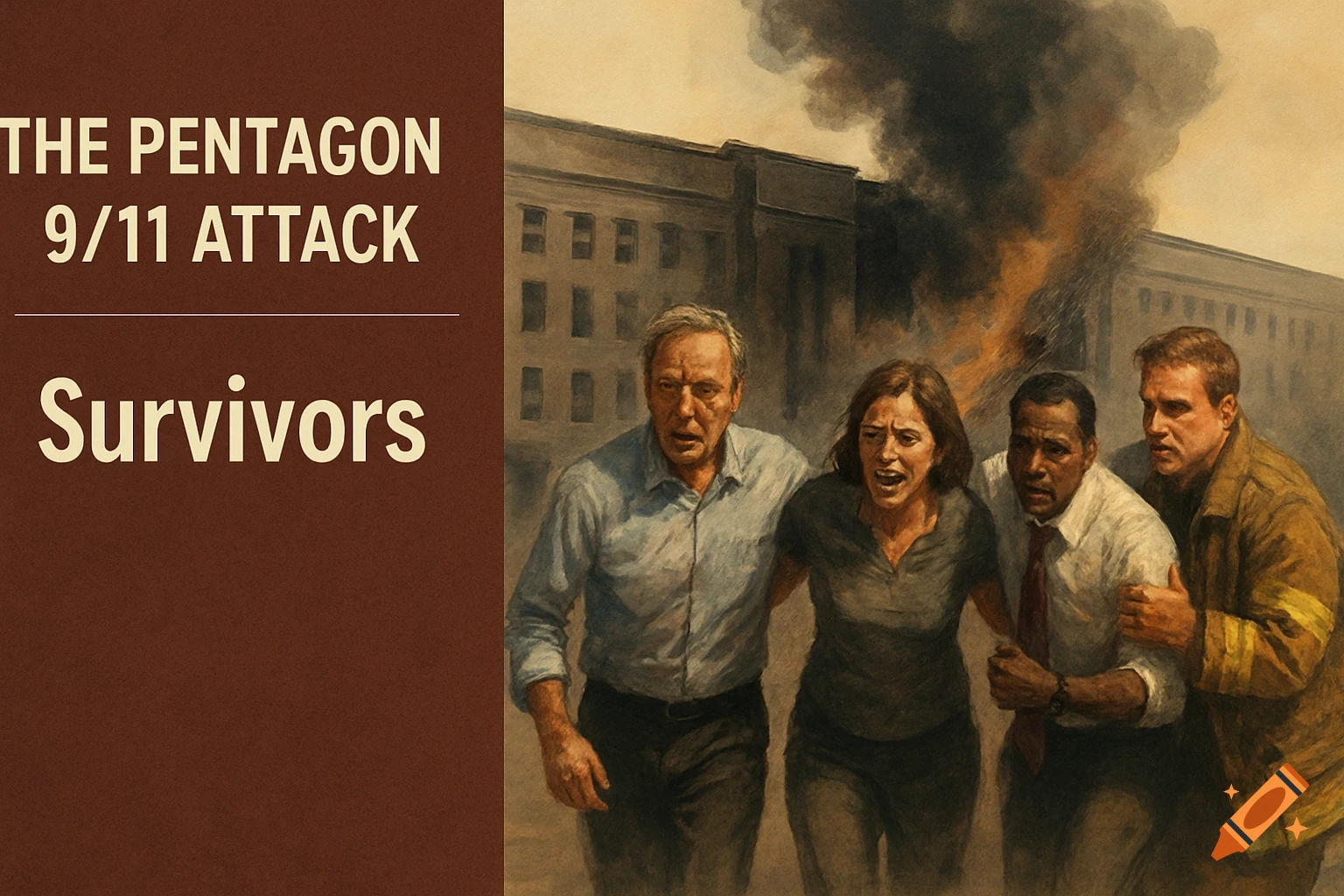 Illustration of distressed survivors escaping the Pentagon during the 9/11 attack.