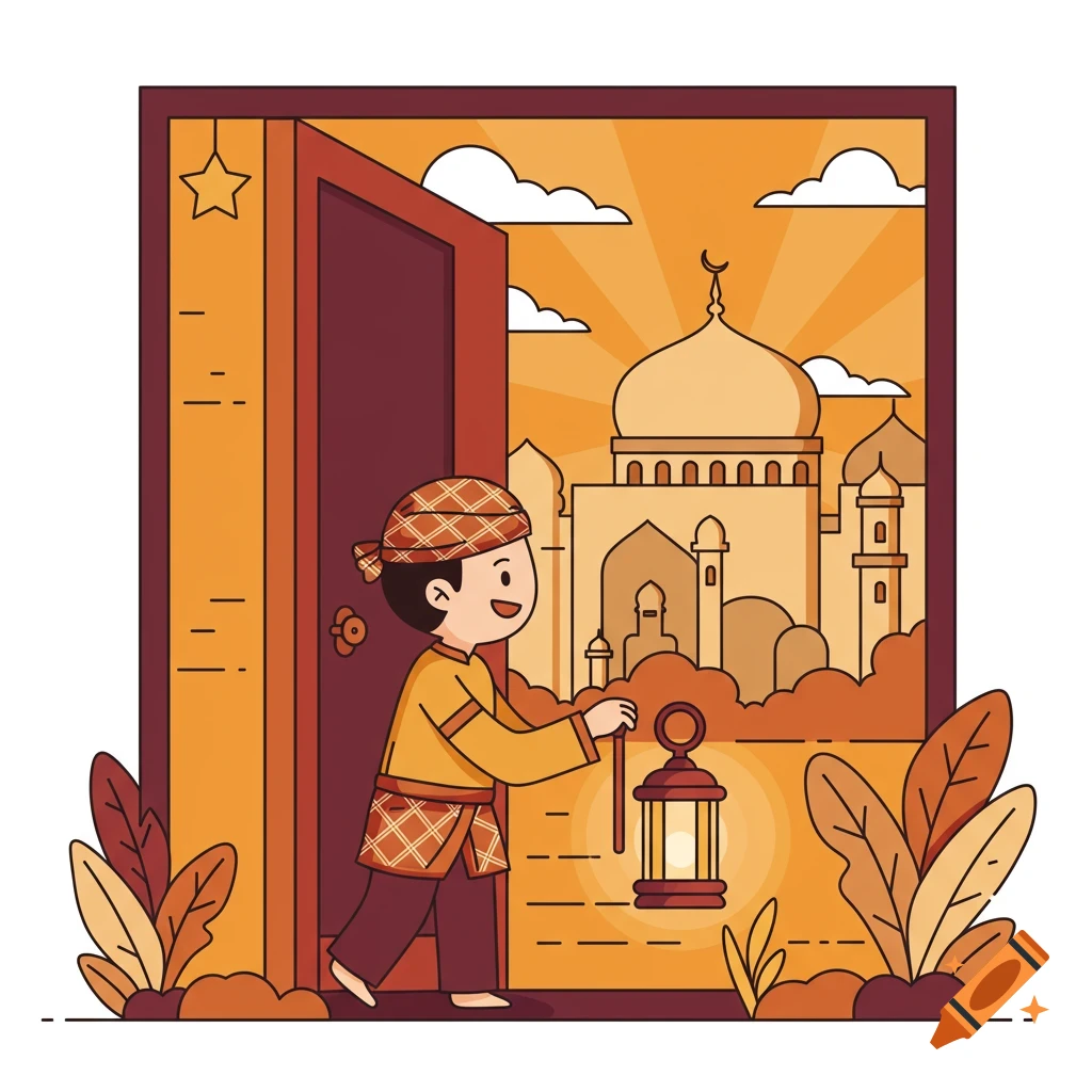 Cartoon illustration of a child holding a lantern opening a door to a mosque view under a sunrise