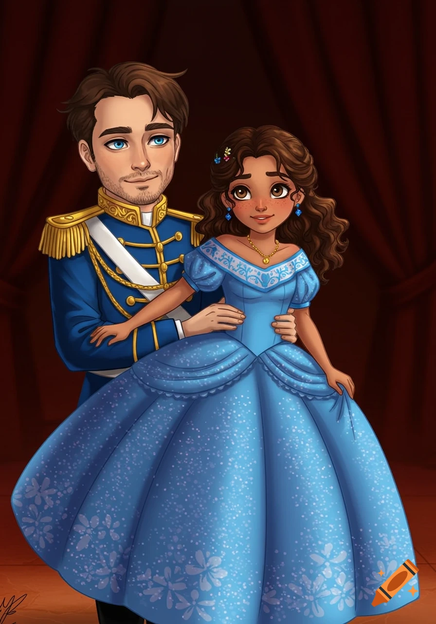 Illustration of a prince in a blue uniform dancing with a princess in a blue dress.