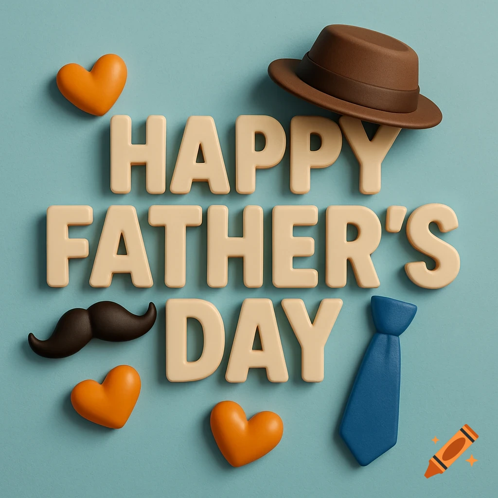 3D render of 'HAPPY FATHER'S DAY' with hat, mustache, tie, and hearts on a blue background